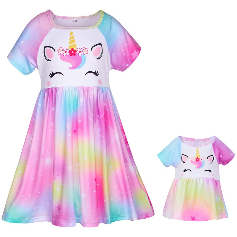 Play Tailor Doll and Girl Matching Nightgown Unicorn Outfit Pajamas Night Dress for Girls and 18" Dolls Clothes (Doll Not Included), 6-7 Years, Colorful Purple - Image 2